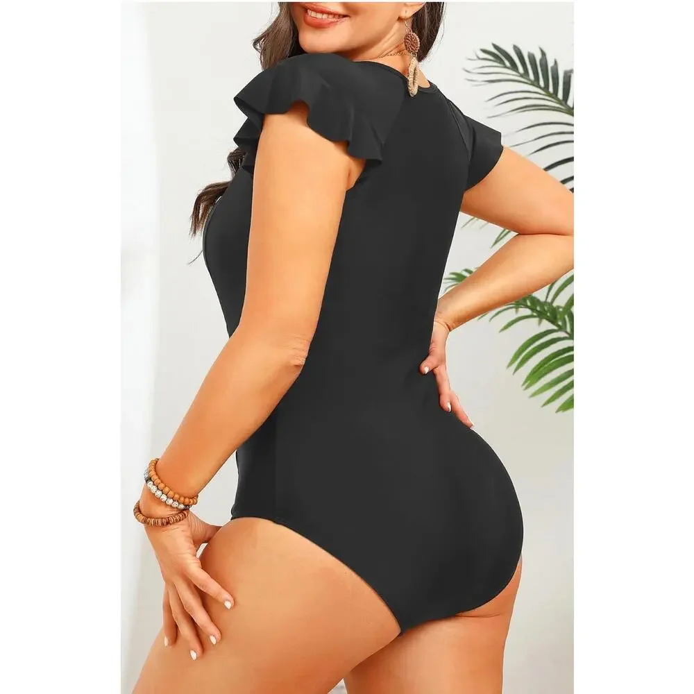 Holipick Black Ruffle Sleeve Zip Front One Piece Swimsuit Size 26 NWT